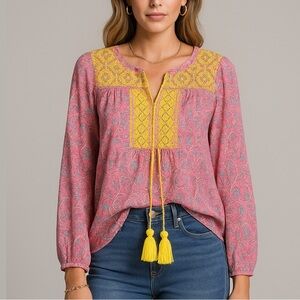 J Crew Starina Pink Yellow Boho Embroidered tassel paisley top ❤️